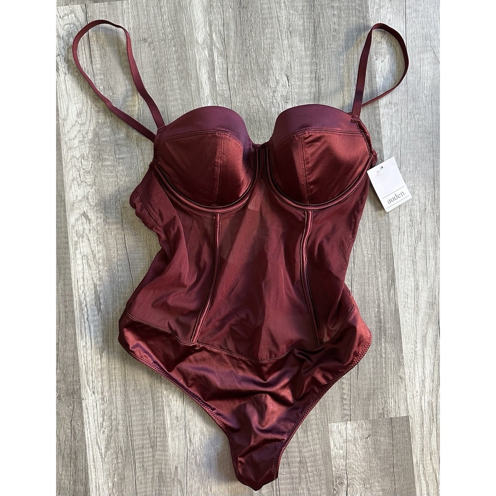 Auden Satin Mesh Lightly Lined Lingerie Bodysuit, Size‎ Small Red Burgundy